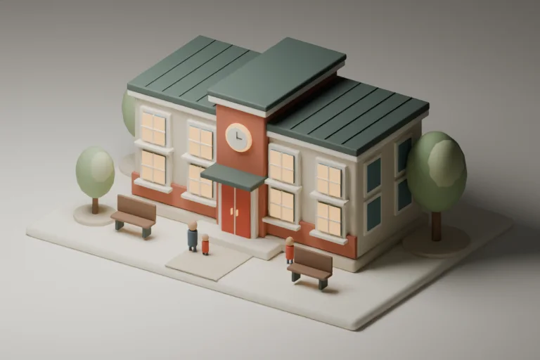 A miniature school with warm classroom windows, trees, and families at the entrance