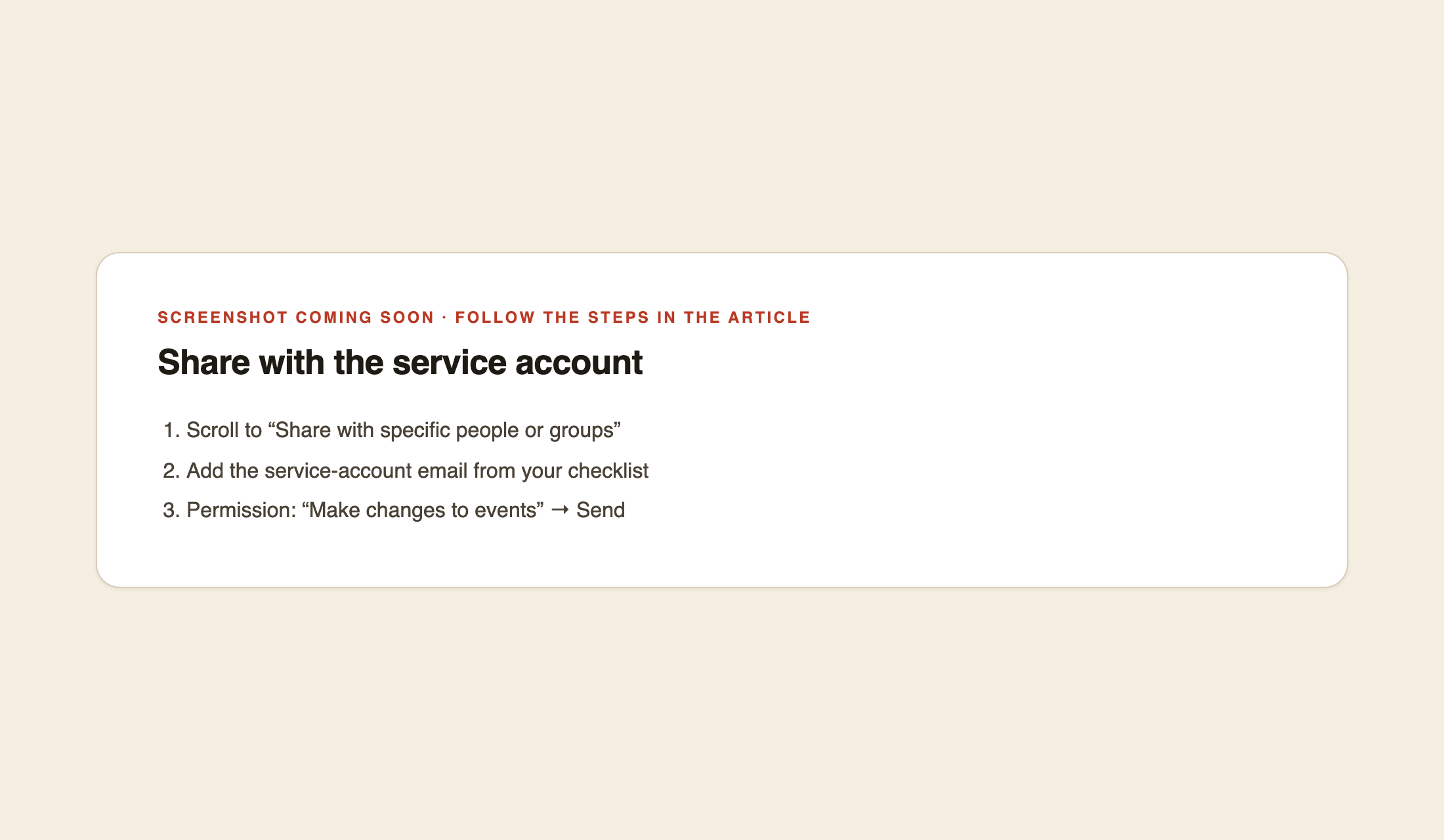 Share with specific people: service account added with "Make changes to events"