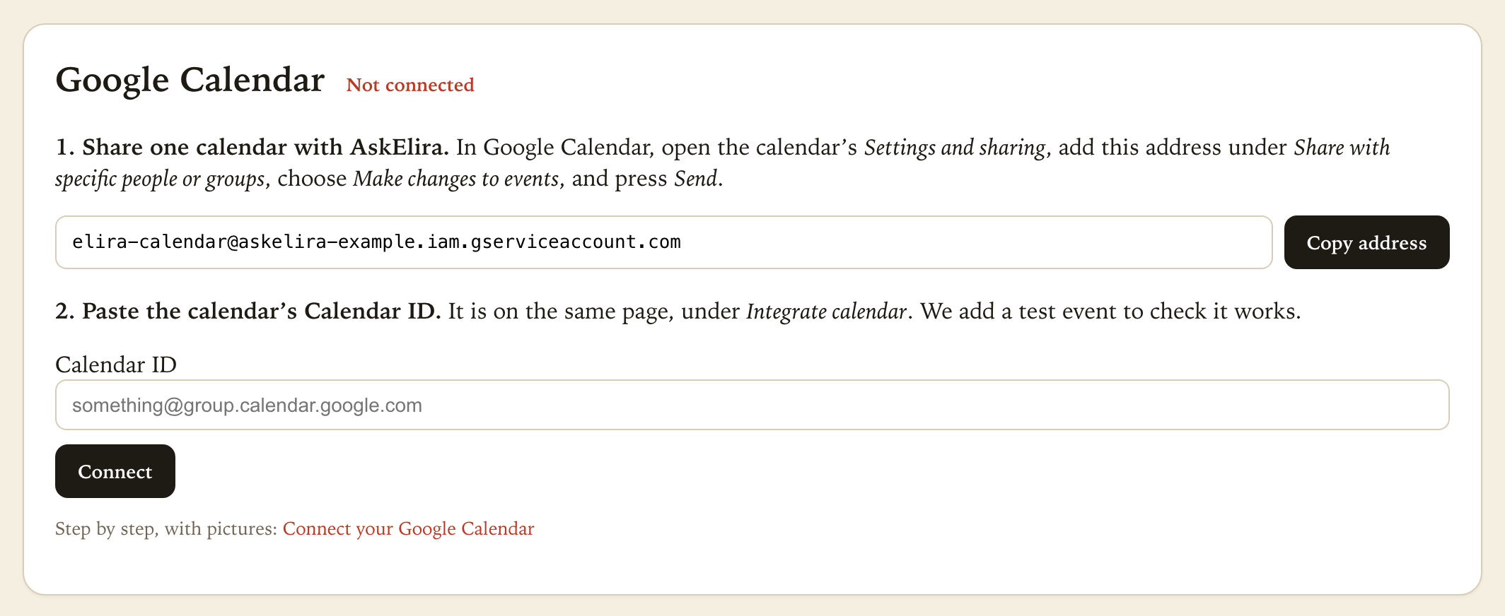The Google Calendar step before connecting: the address to share with and the Calendar ID box