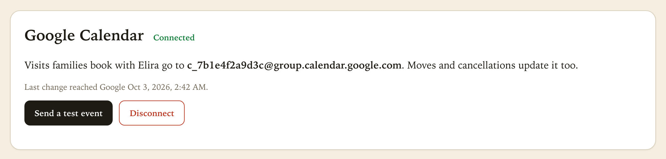 The Google Calendar step once connected