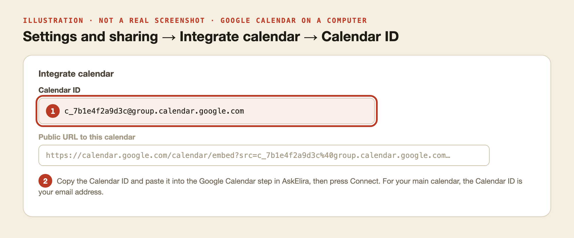 Illustration: Integrate calendar, with the Calendar ID